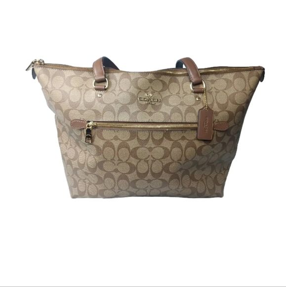 Coach Gallery Tote Signature Canvas  Gold khaki Saddle CarryAll F79609 MSRP $378 - Picture 2 of 15